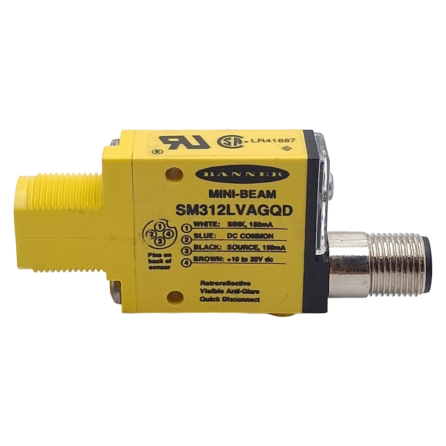 Used Banner SM312LVAGQD Photoelectric Sensor NPN/PNP, 50mm-2m Range, 30VDC, 4-Pin M12