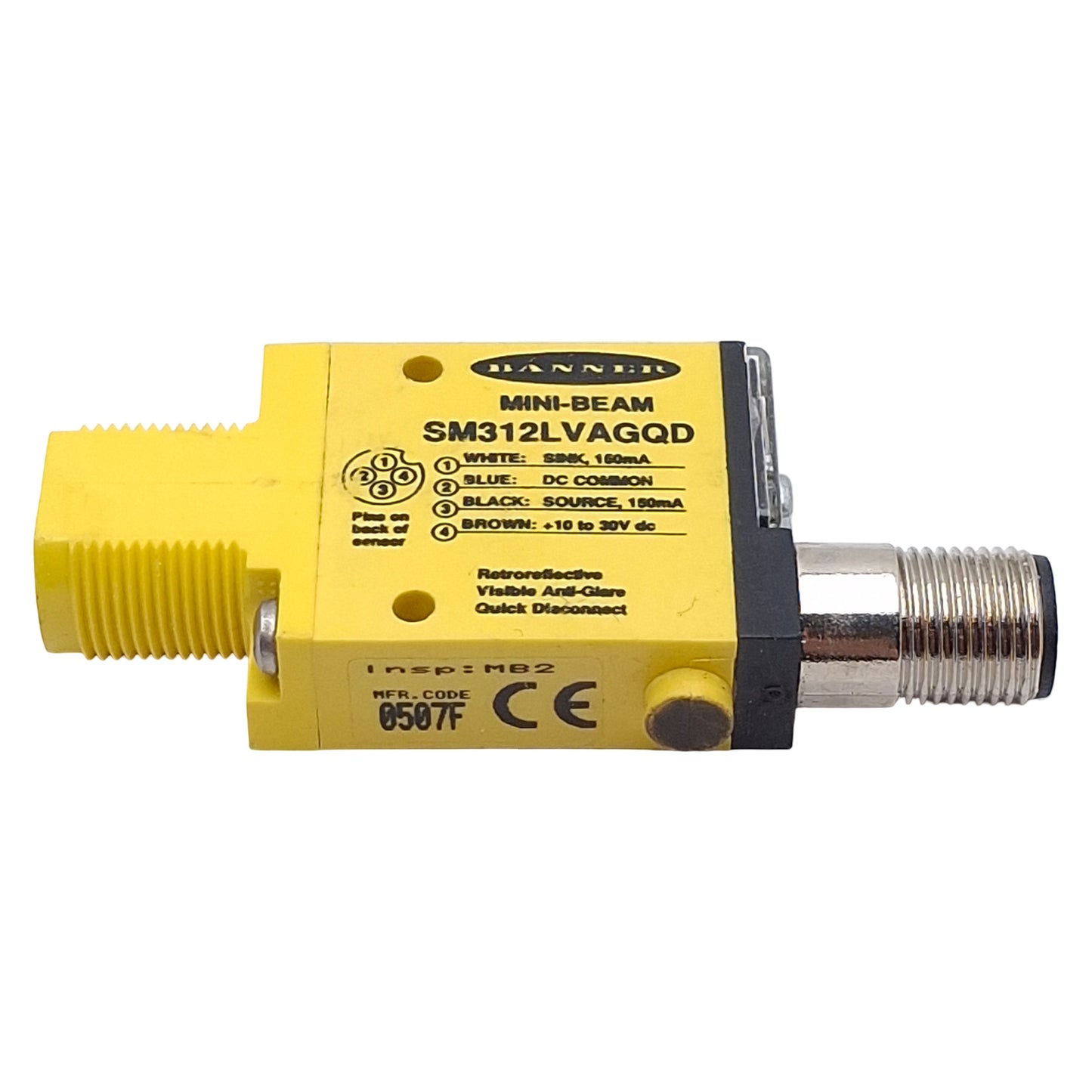 Used Banner SM312LVAGQD Photoelectric Sensor NPN/PNP, 50mm-2m Range, 30VDC, 4-Pin M12