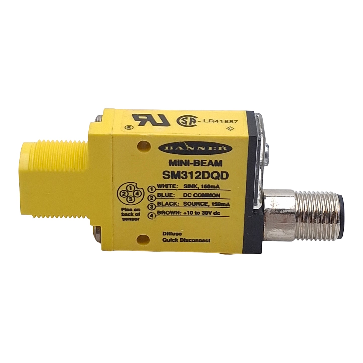 Used Banner SM312DQD Photoelectric Sensor, NPN/PNP, 380mm Range, 10-30VDC, 4-Pin M12
