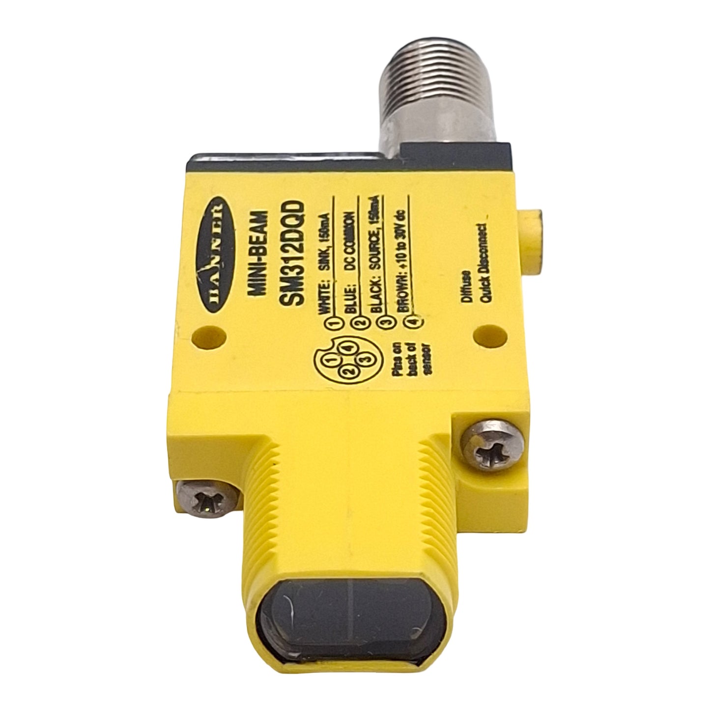 Used Banner SM312DQD Photoelectric Sensor, NPN/PNP, 380mm Range, 10-30VDC, 4-Pin M12