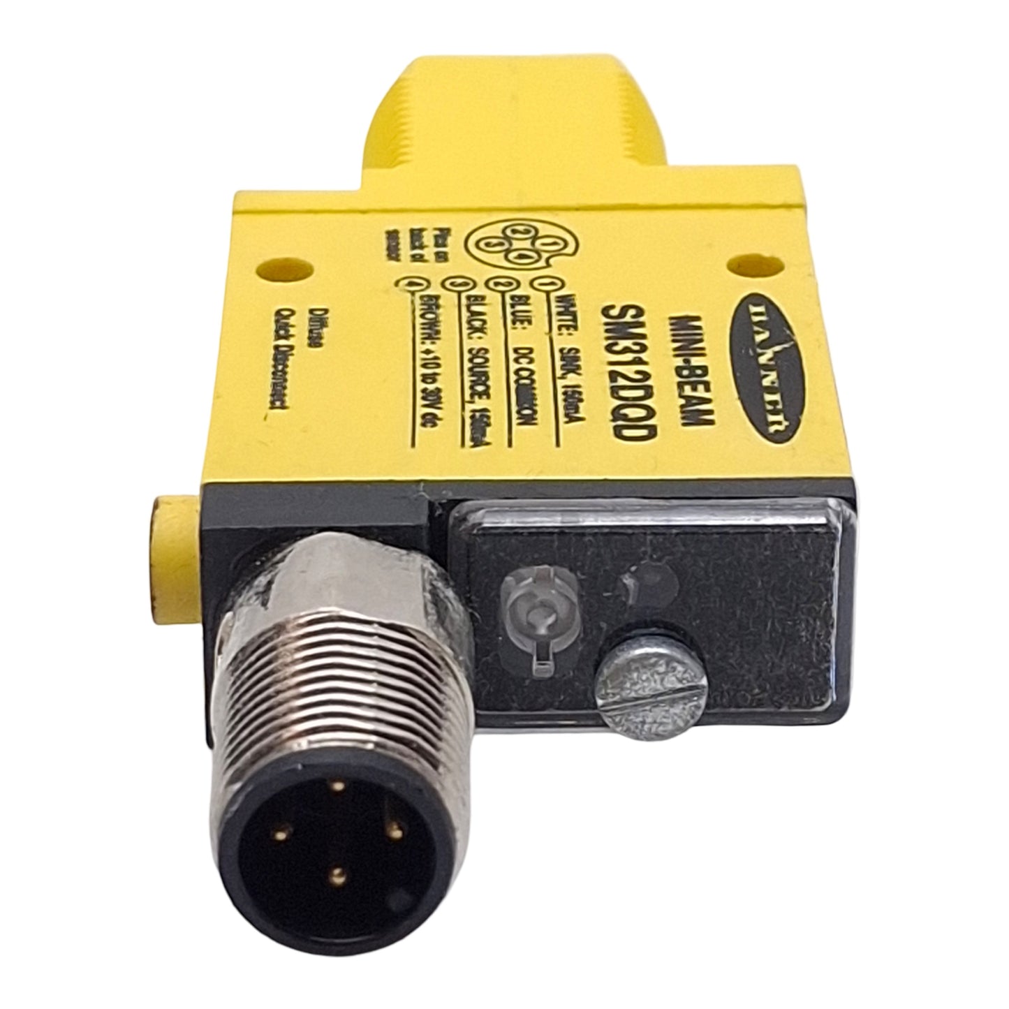 Used Banner SM312DQD Photoelectric Sensor, NPN/PNP, 380mm Range, 10-30VDC, 4-Pin M12