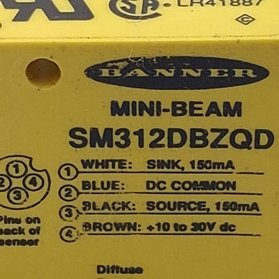 Used Banner SM312DBZQD Photoelectric Sensor NPN/PNP, 300mm Range, 10-30VDC, 4-Pin M12