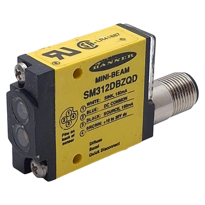 Used Banner SM312DBZQD Photoelectric Sensor NPN/PNP, 300mm Range, 10-30VDC, 4-Pin M12