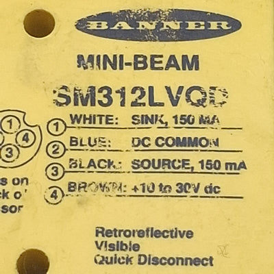Used Banner SM312LVQD Photoelectric Sensor, NPN/PNP, 5m Range, 10-30VDC, 4-Pin M12