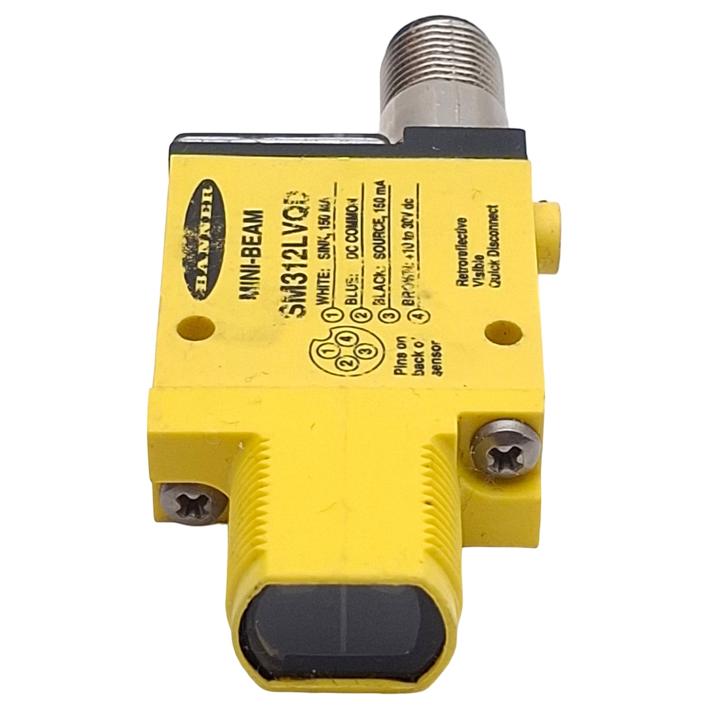 Used Banner SM312LVQD Photoelectric Sensor, NPN/PNP, 5m Range, 10-30VDC, 4-Pin M12