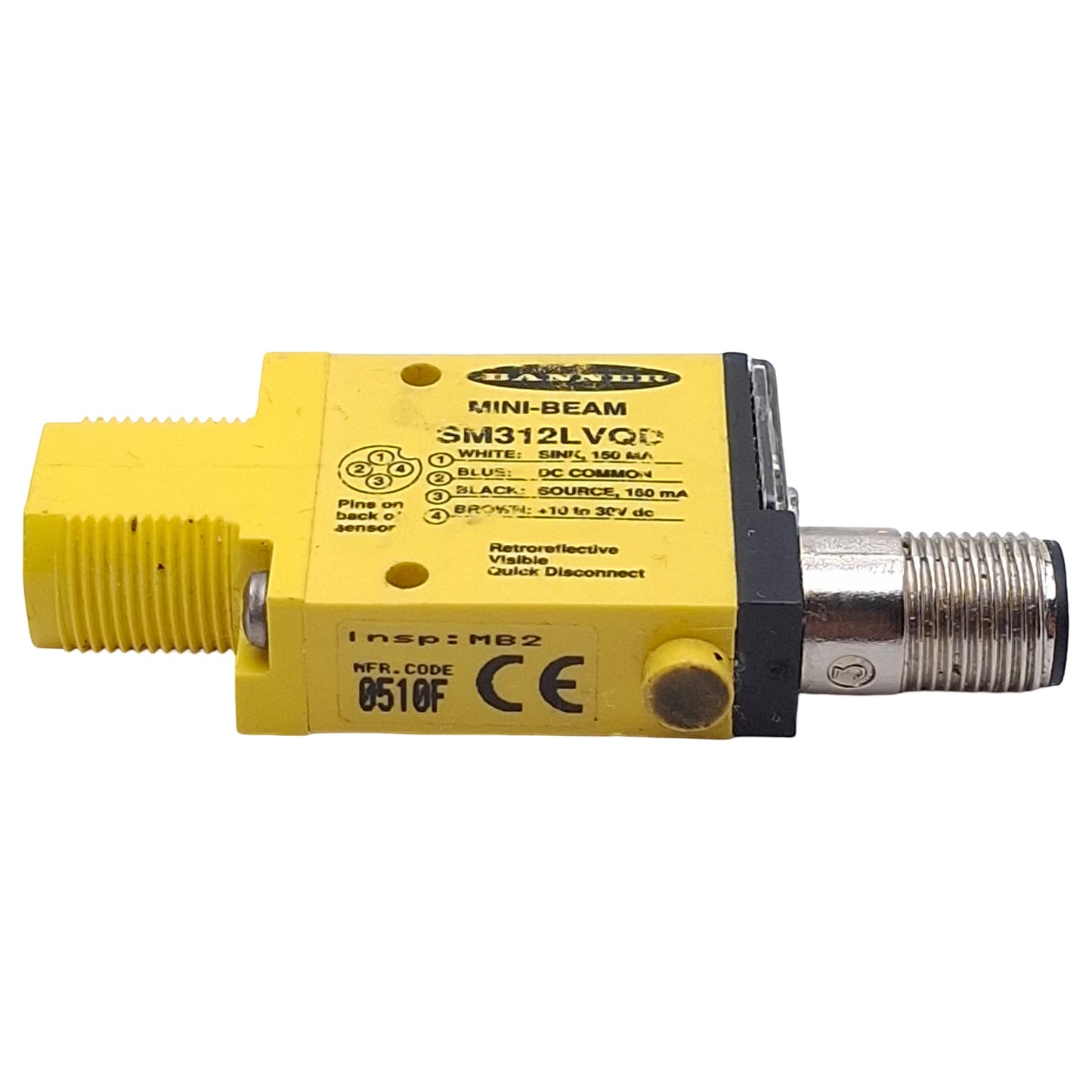Used Banner SM312LVQD Photoelectric Sensor, NPN/PNP, 5m Range, 10-30VDC, 4-Pin M12