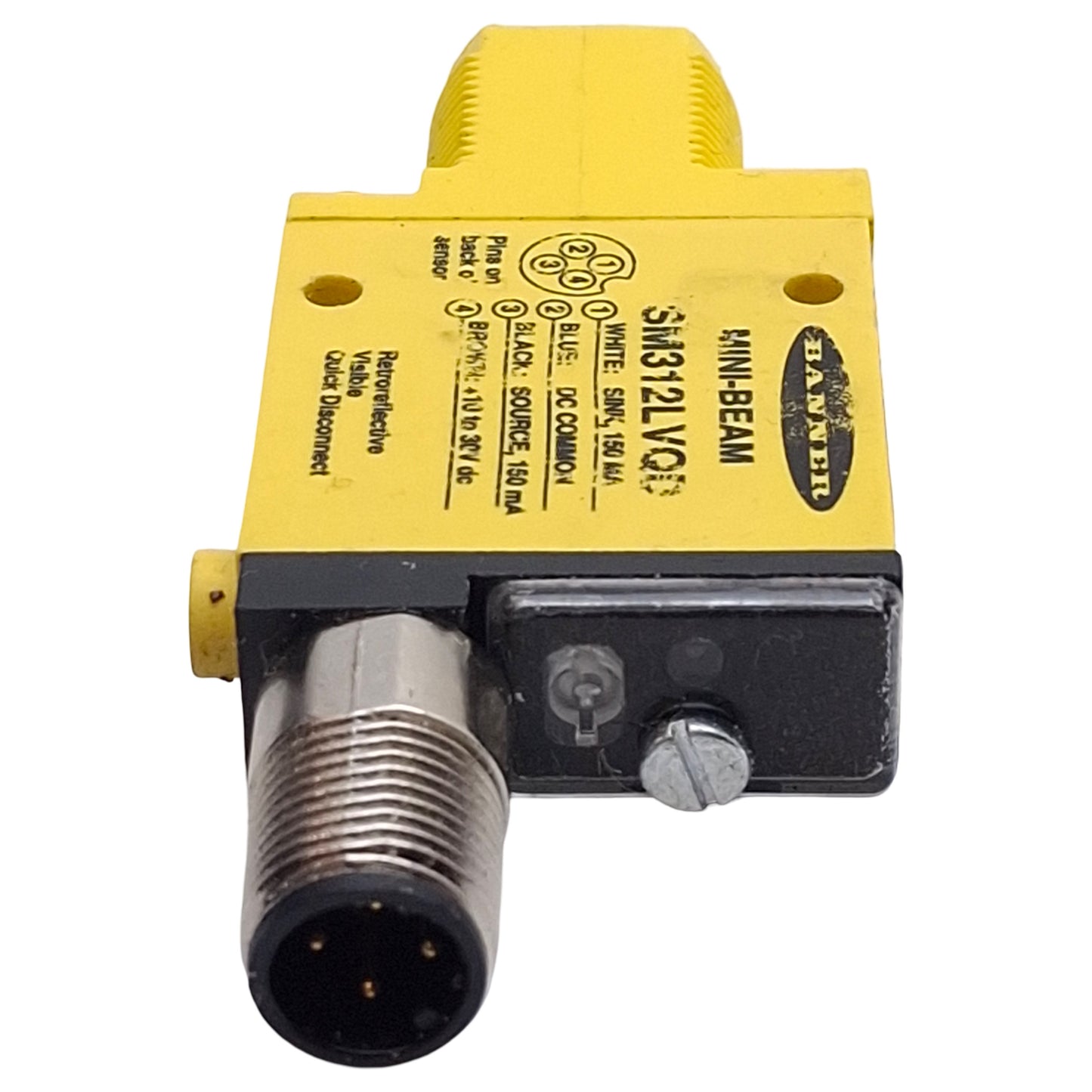 Used Banner SM312LVQD Photoelectric Sensor, NPN/PNP, 5m Range, 10-30VDC, 4-Pin M12