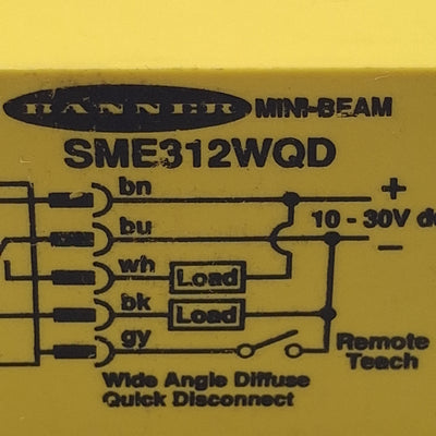 Used Banner SME312WQD Photoelectronic Sensor, NPN/PNP, 130mm Range, 30VDC, 5-Pin M12