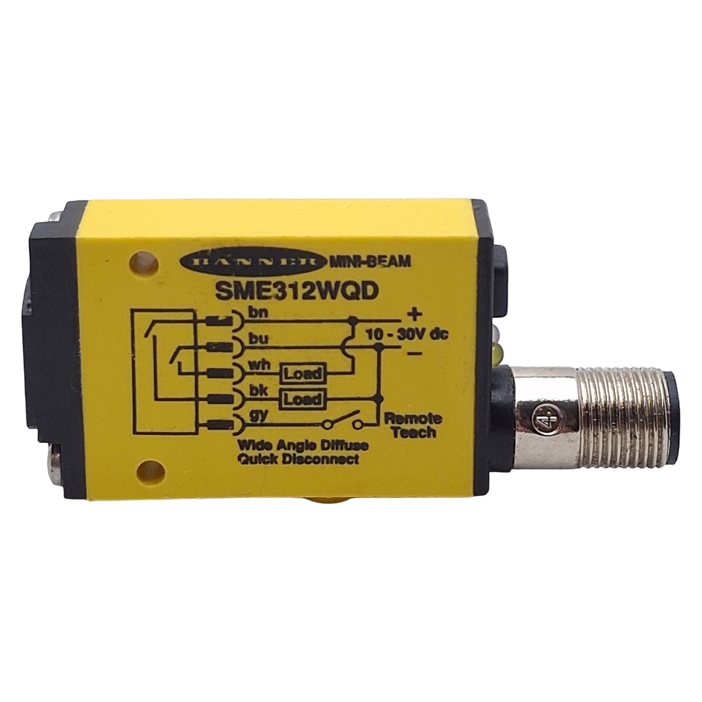 Used Banner SME312WQD Photoelectronic Sensor, NPN/PNP, 130mm Range, 30VDC, 5-Pin M12