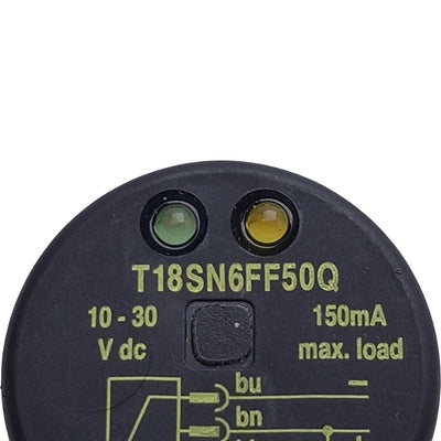 Used Banner T18SN6FF50Q Photoelectronic Sensor, NPN, 50mm Range, 10-30VDC, 4-Pin M12