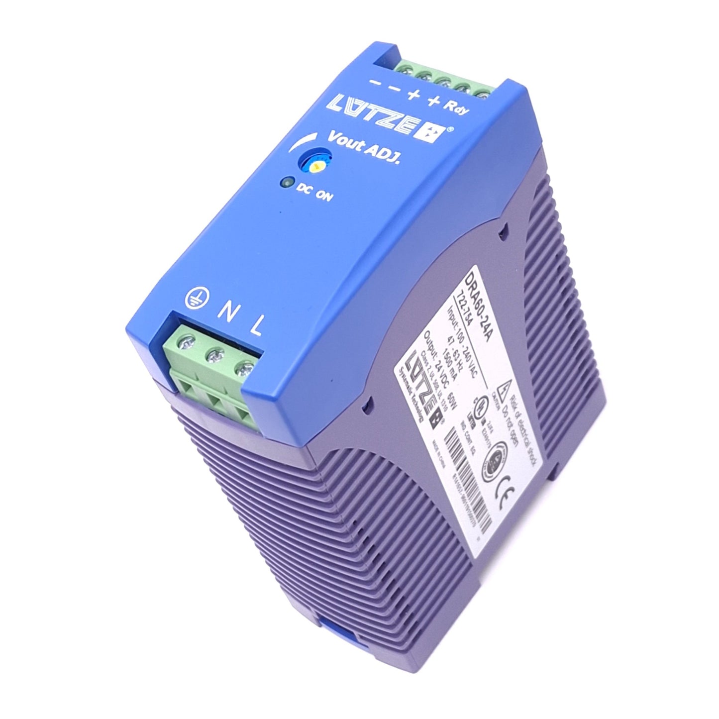 Used Lutze DRA60-24A Power Supply, 100-240VAC In, 24VDC Out, 60W Max, DIN Rail
