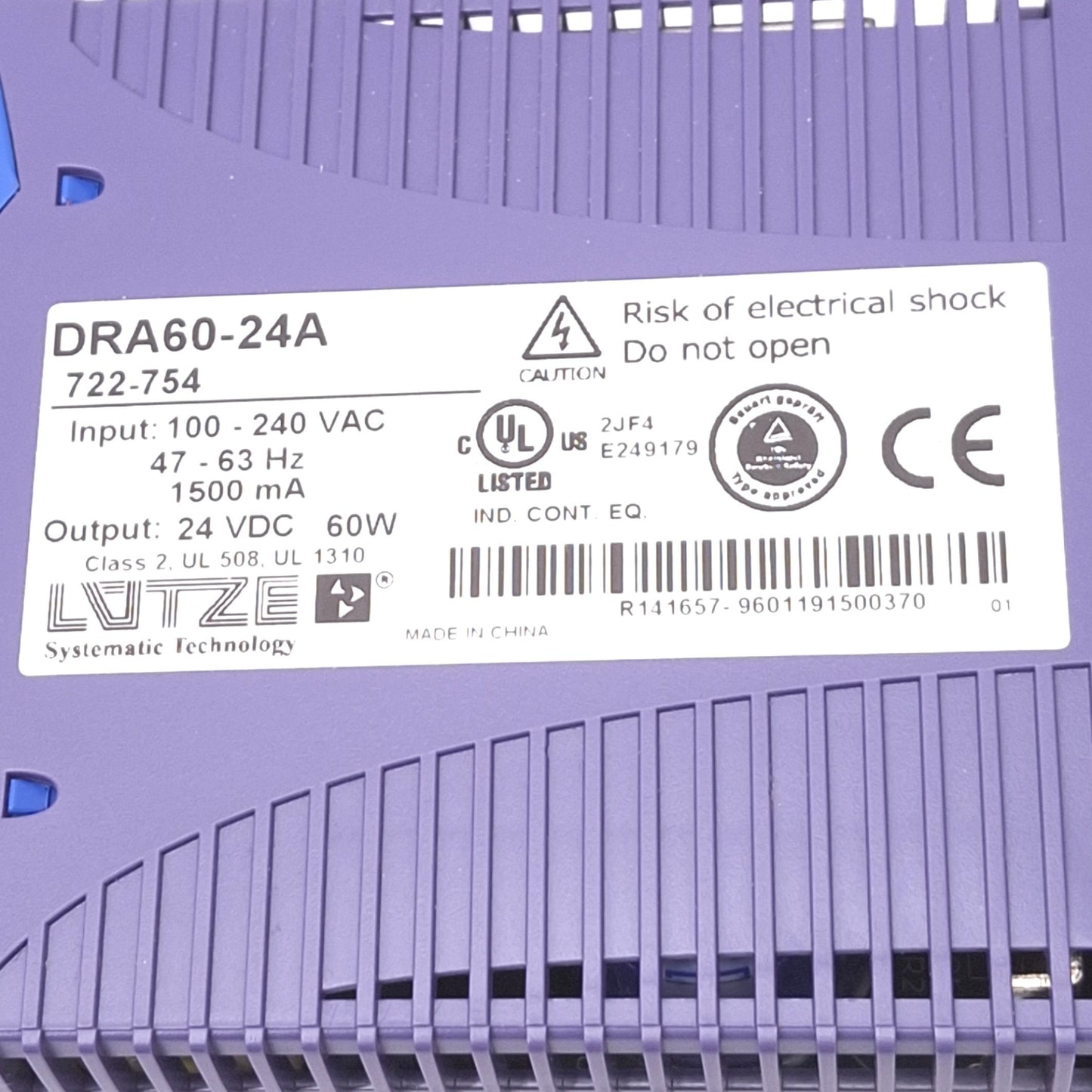Used Lutze DRA60-24A Power Supply, 100-240VAC In, 24VDC Out, 60W Max, DIN Rail