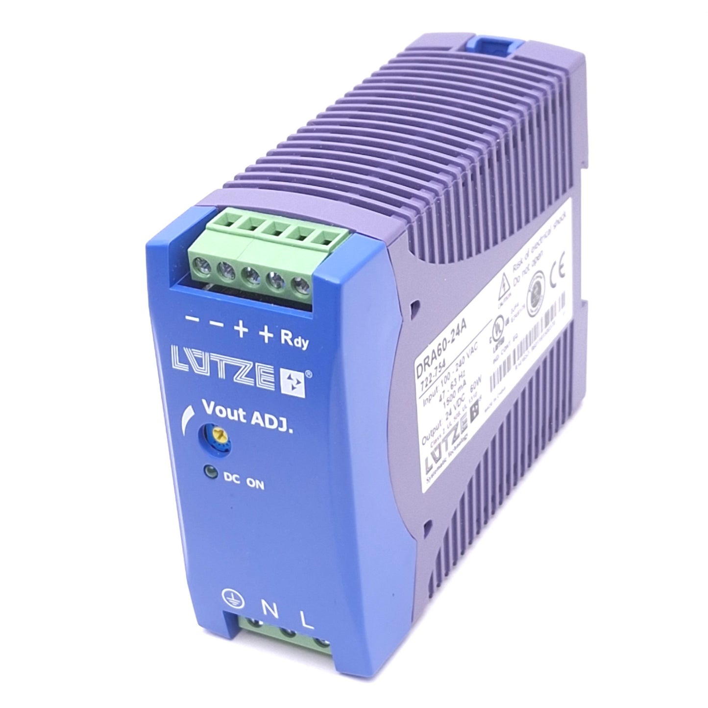 Used Lutze DRA60-24A Power Supply, 100-240VAC In, 24VDC Out, 60W Max, DIN Rail