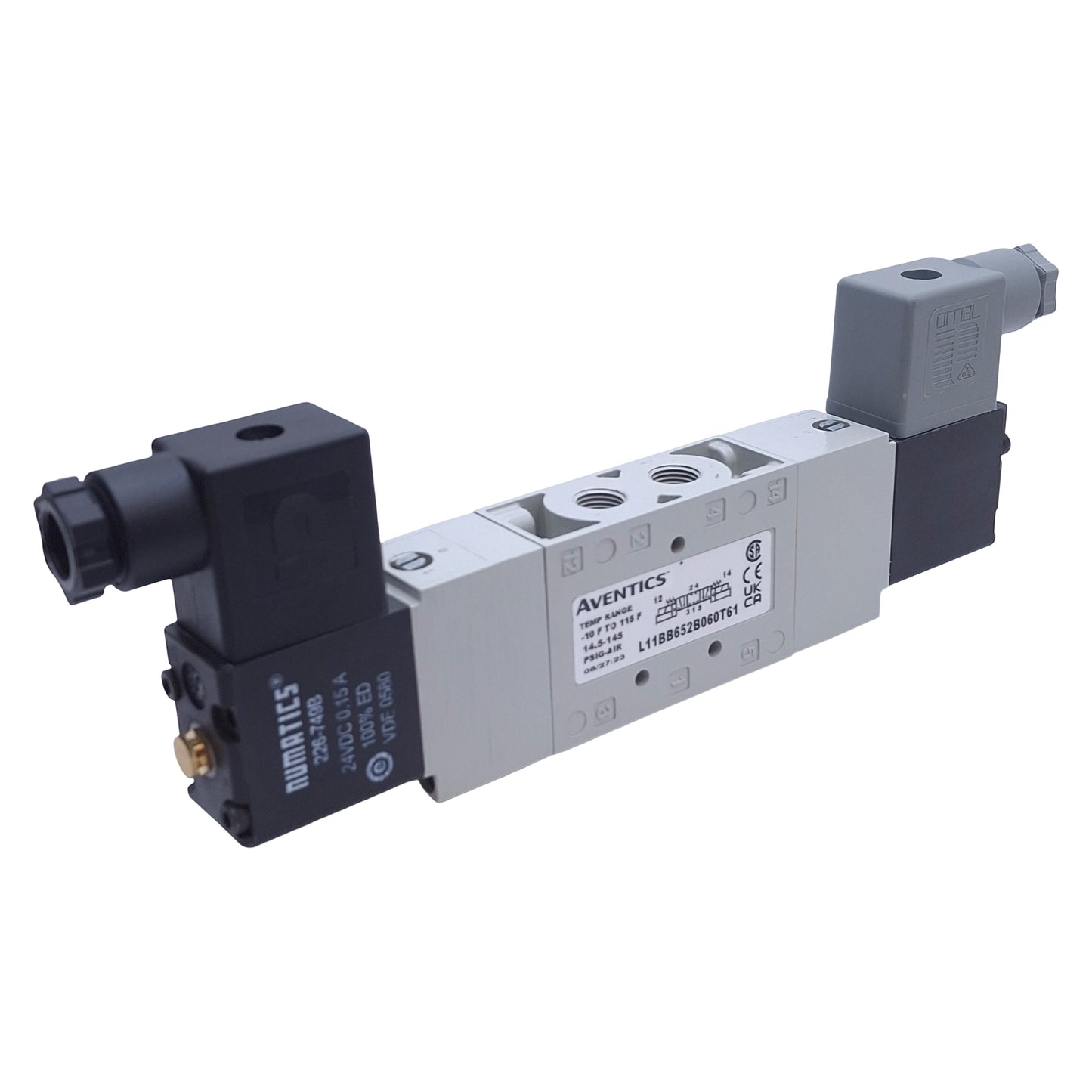 Used Aventics L11BB652B060T61 Solenoid Valve 4-Way 3-Position, 1/8 NPT. 24VDC Coil
