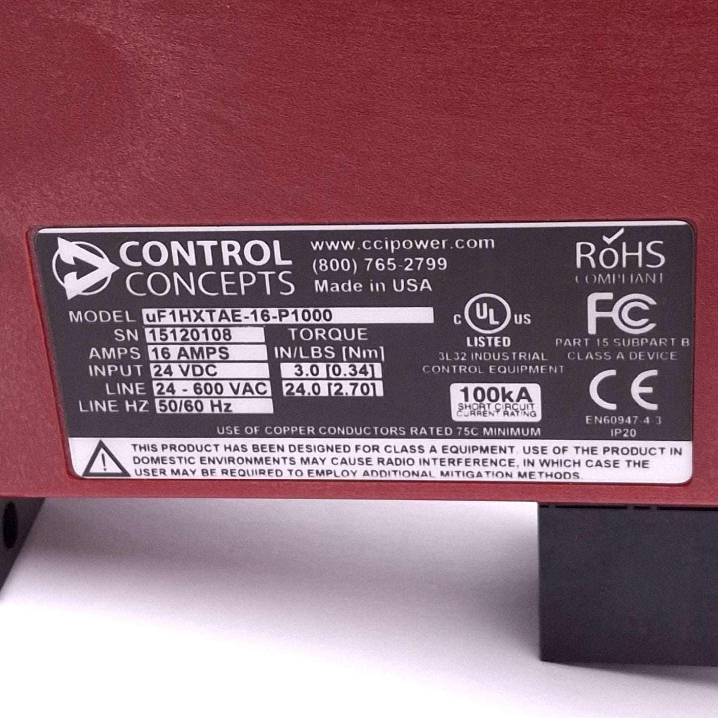 Used Control Concepts uF1HXTAE-16-P1000 MicroFUSION SCR Controller, 16A 24-600VAC