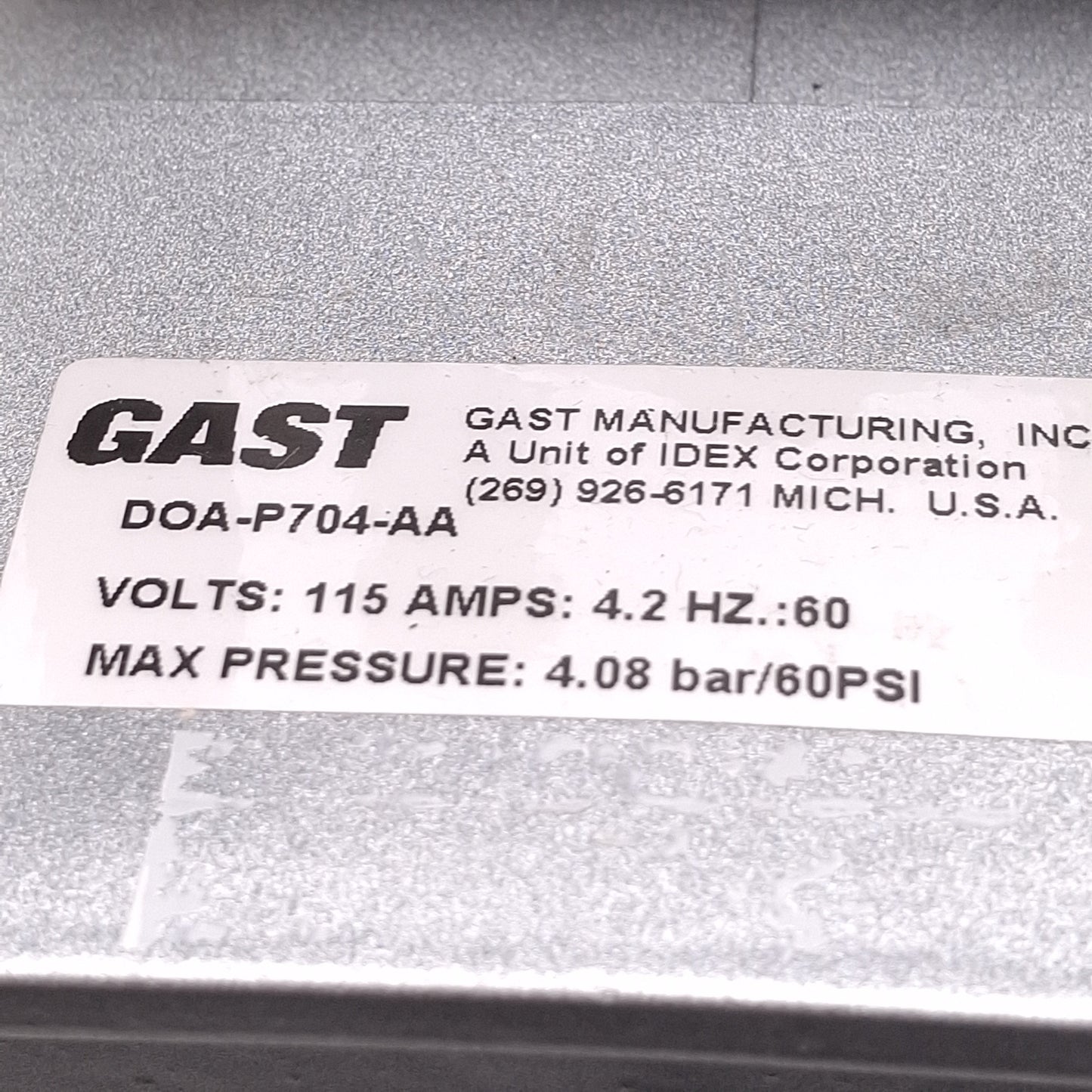 Used Gast DOA-P704-AA Compressor/Vacuum Pump 115VAC 4.5A, 1/8HP, 60psi Max, 3/8 NPT