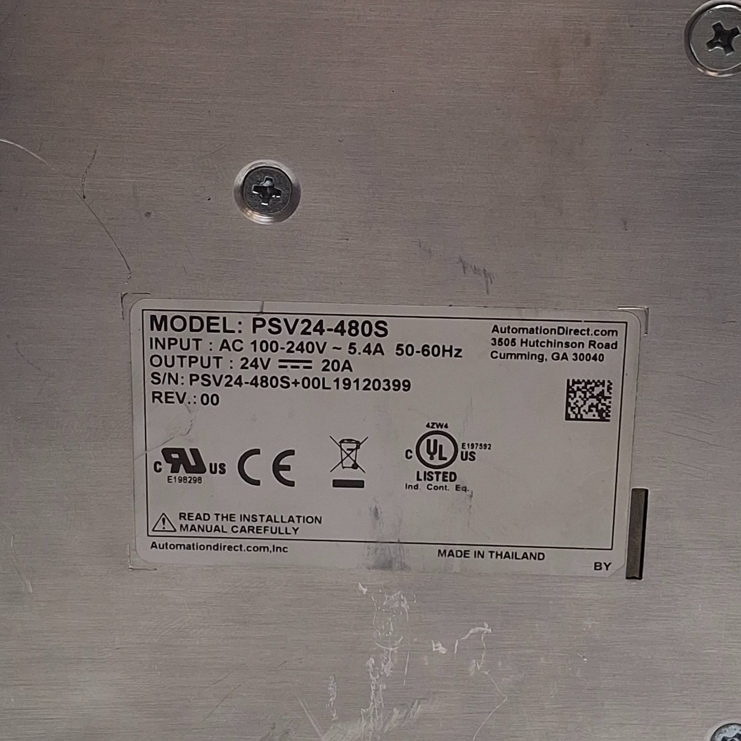 Used Rhino PSV24-480S Power Supply, 100-240VAC Input, 24VDC 20A Output, 480W