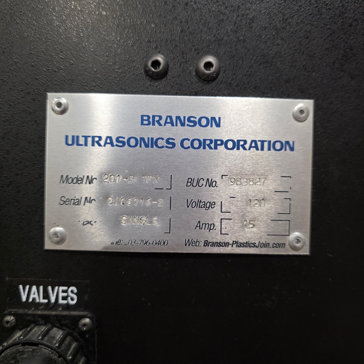 Used Branson 201-3 TPX Thermal Processor Welder Staker 3-Zone, 4" Stroke, 120VAC 15A