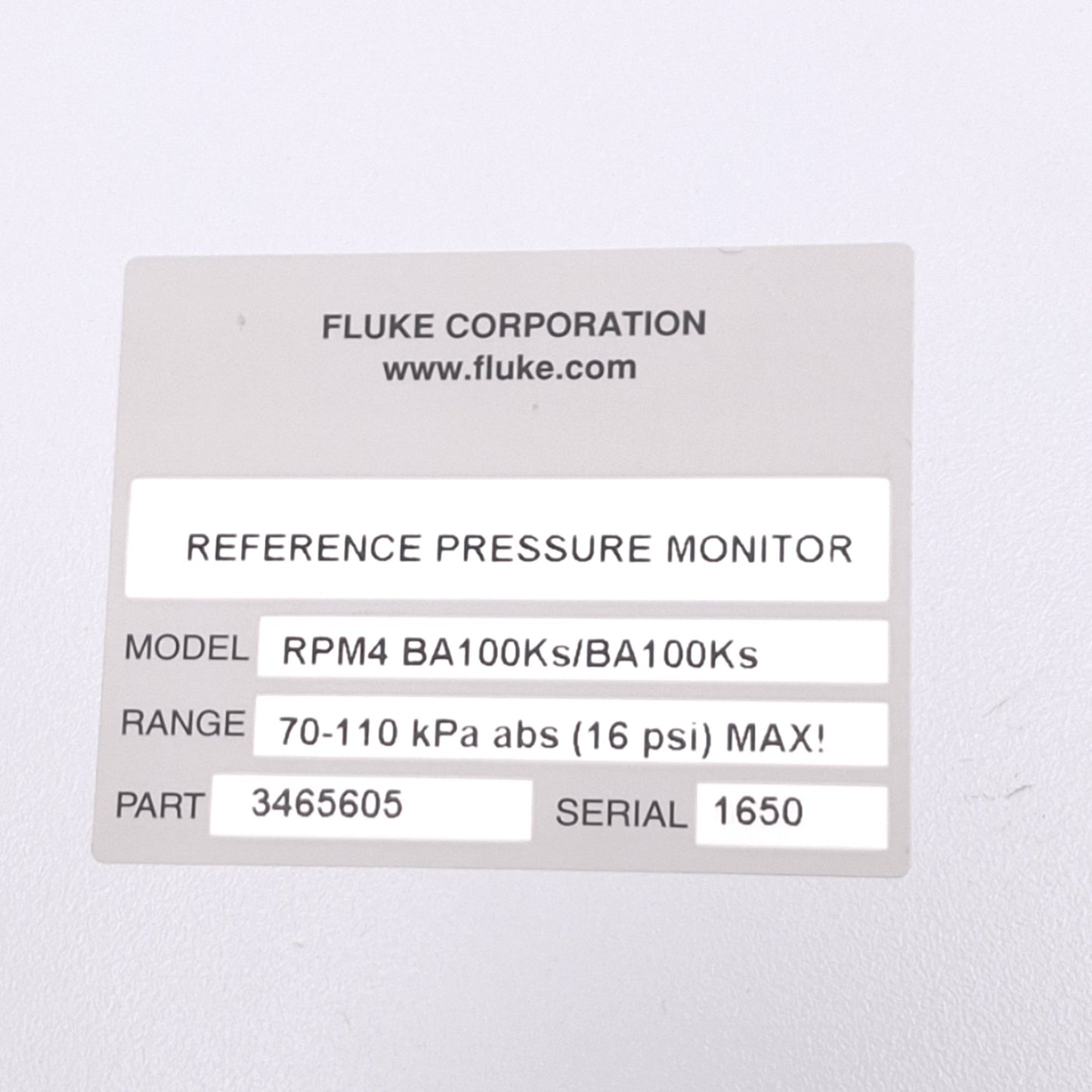 Used Fluke RPM4 BA100K Reference Pressure Monitor, 70kPa-110kPa 16psi Max, 100-240VAC