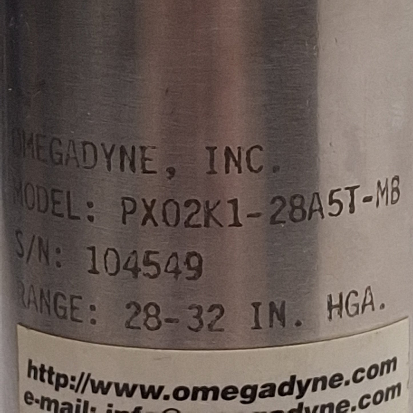 Used Omegadyne PX02K1-28A5T-MB Pressure Transducer, 28-32inHg, 0-5VDC, 7/16in-20 Port