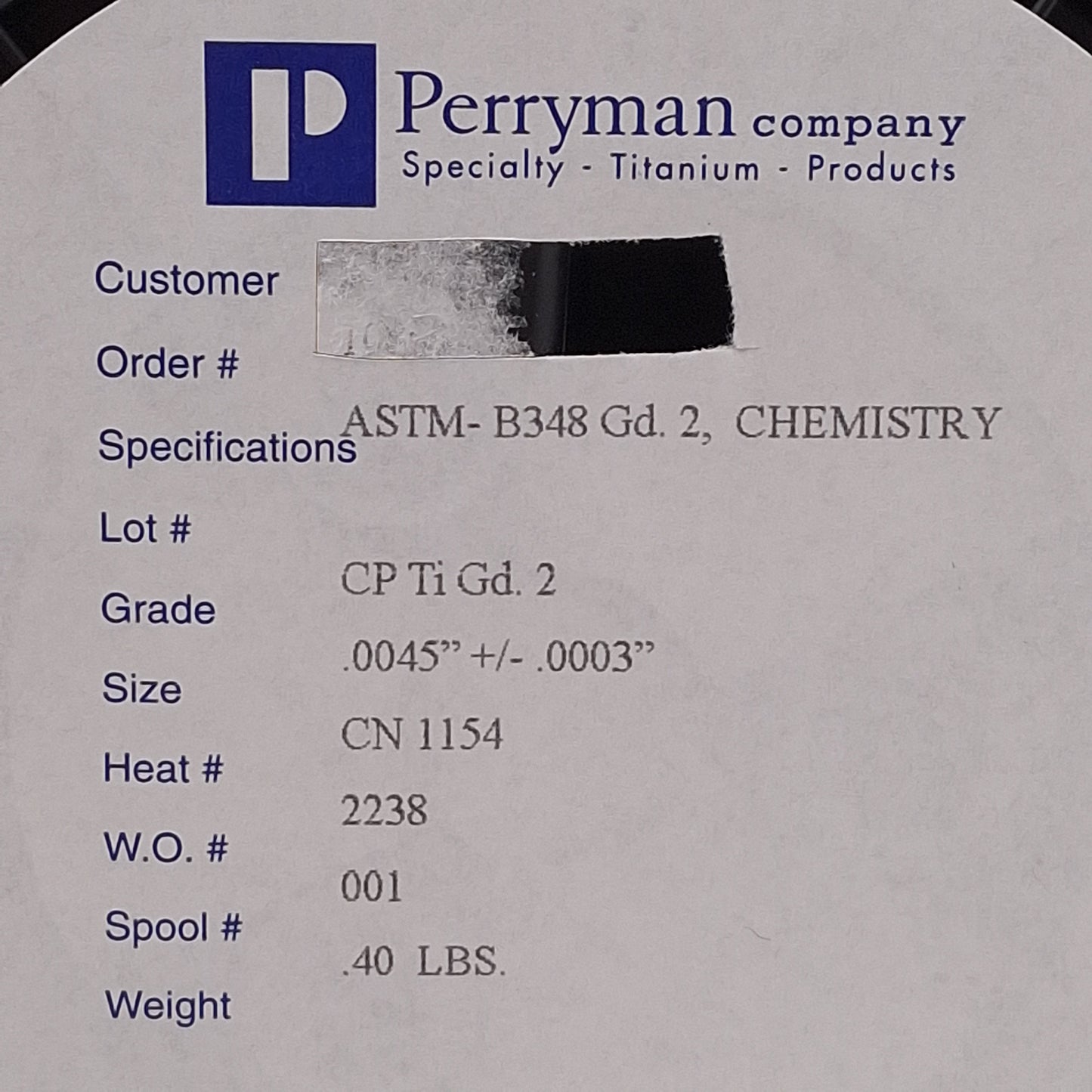 New Perryman ASTM B348 Commercially Pure Grade 2 Titanium Wire, ø0.0045in, 0.40lbs