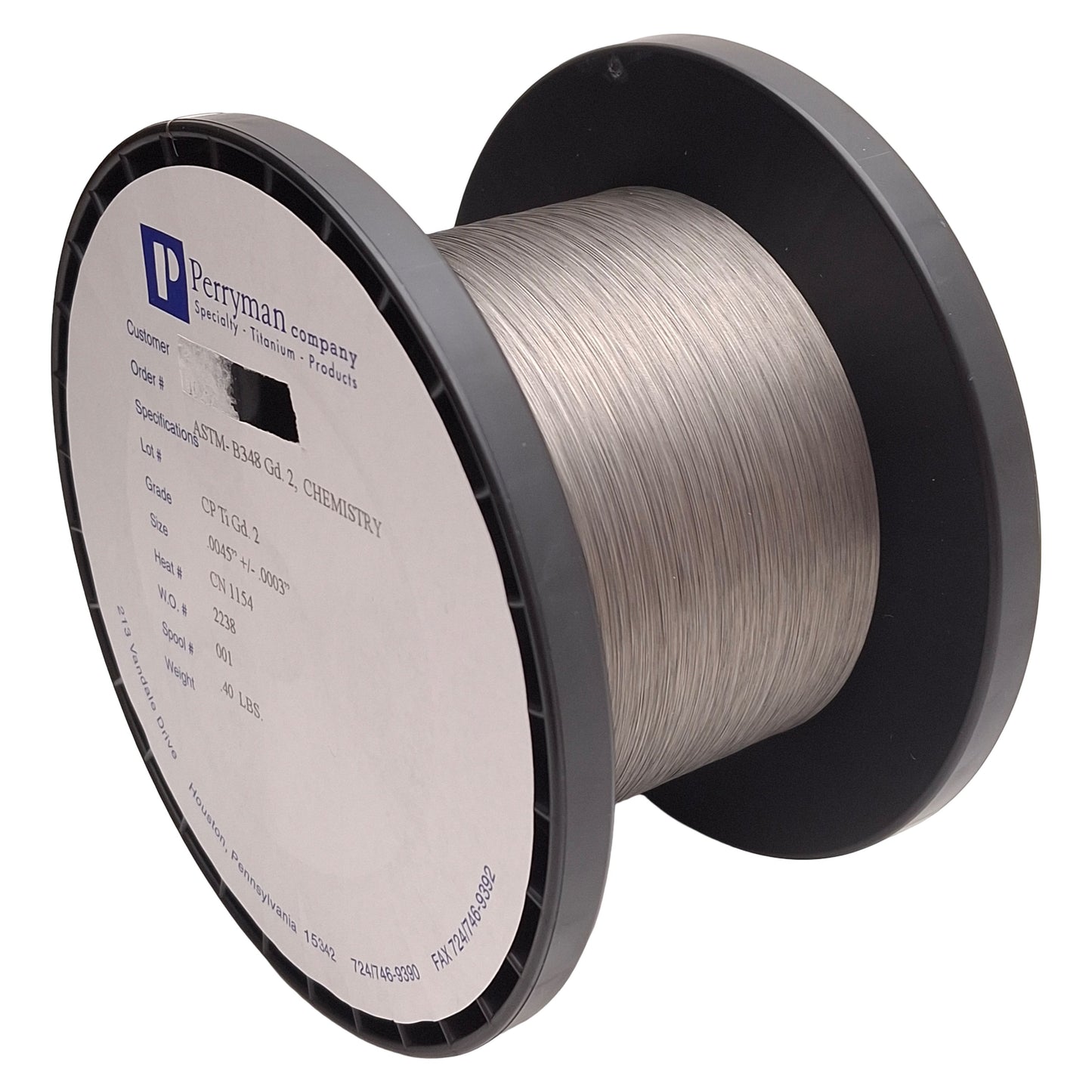 New Perryman ASTM B348 Commercially Pure Grade 2 Titanium Wire, ø0.0045in, 0.40lbs