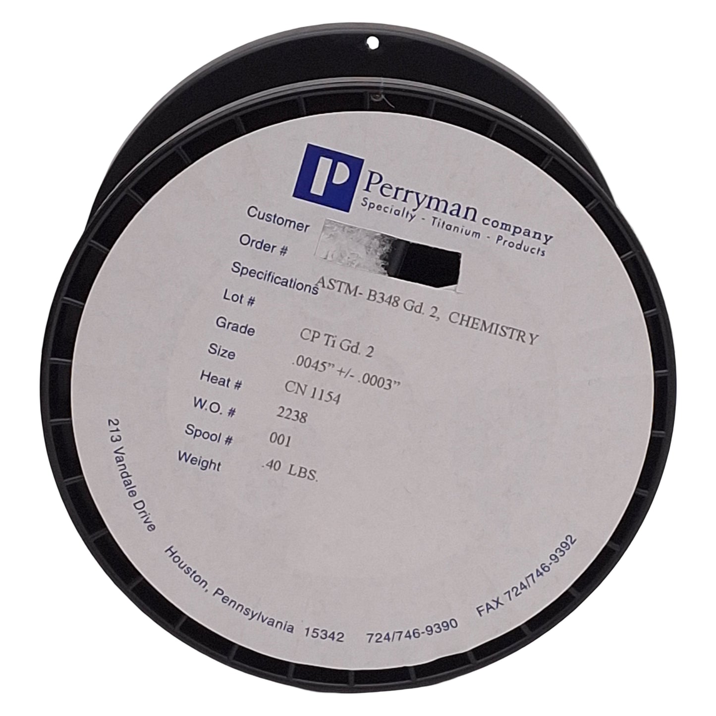 New Perryman ASTM B348 Commercially Pure Grade 2 Titanium Wire, ø0.0045in, 0.40lbs