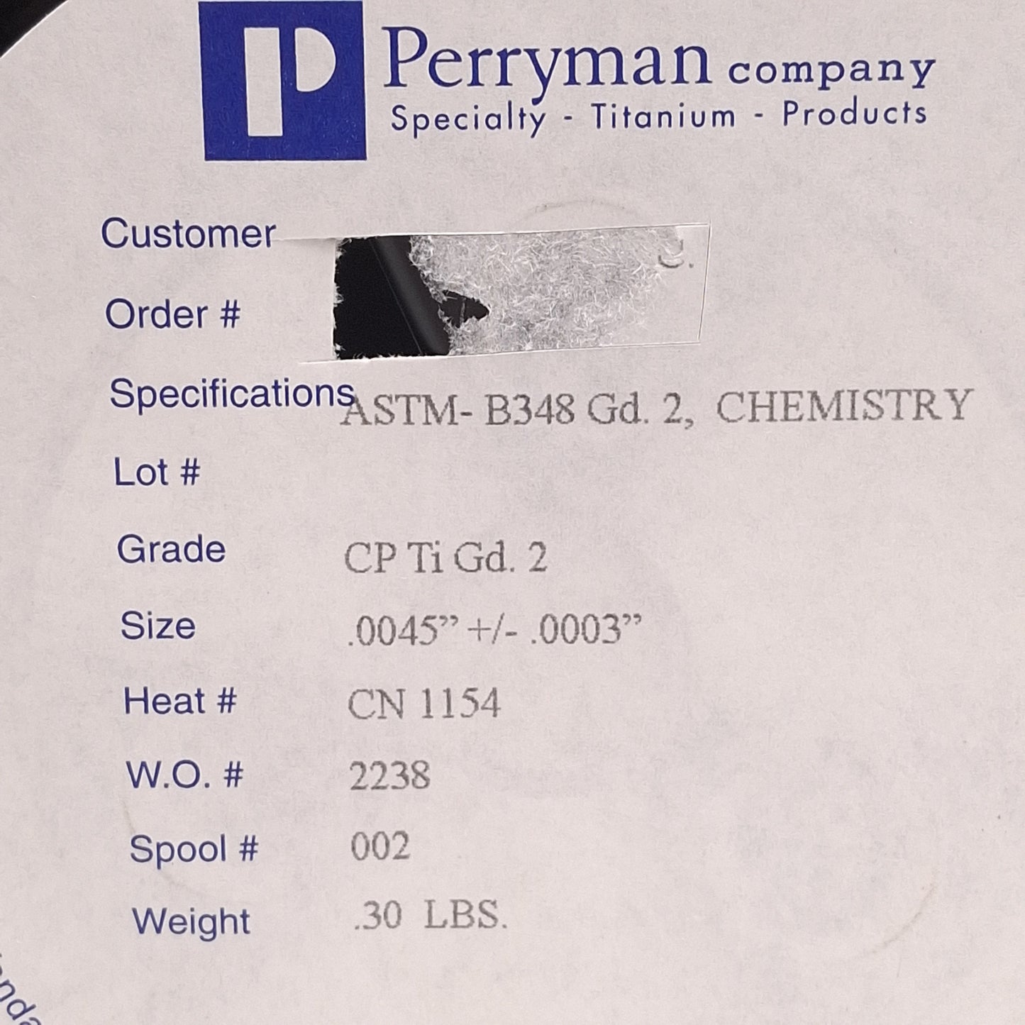 New – Open box Perryman ASTM B348 Commercially Pure Grade 2 Titanium Wire, ø0.0045in, 0.25lbs