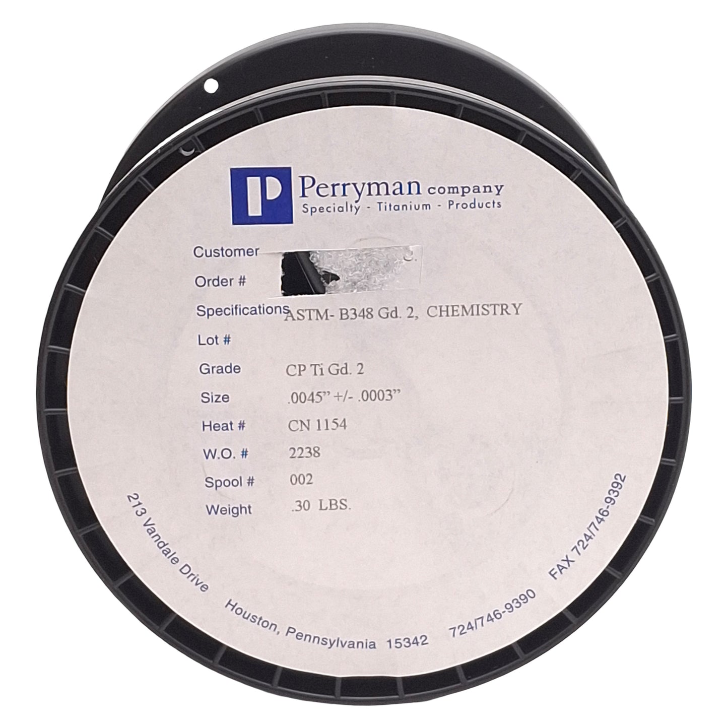 New – Open box Perryman ASTM B348 Commercially Pure Grade 2 Titanium Wire, ø0.0045in, 0.25lbs