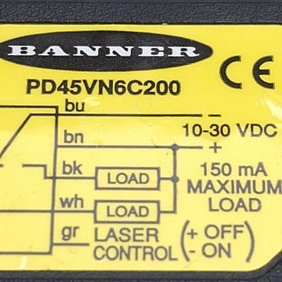 Used Banner PD45VN6C200 Convergent Laser, NPN, 203mm Max Range, 10-30VDC, 5-Wire Lead