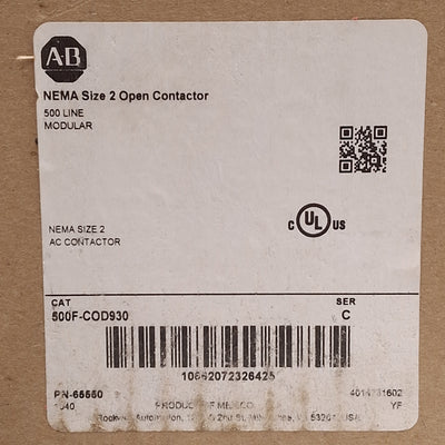 New Allen Bradley 500F-COD930 NEMA Size 2 AC Contactor, 45A, 25HP, 110/120VAC Coil