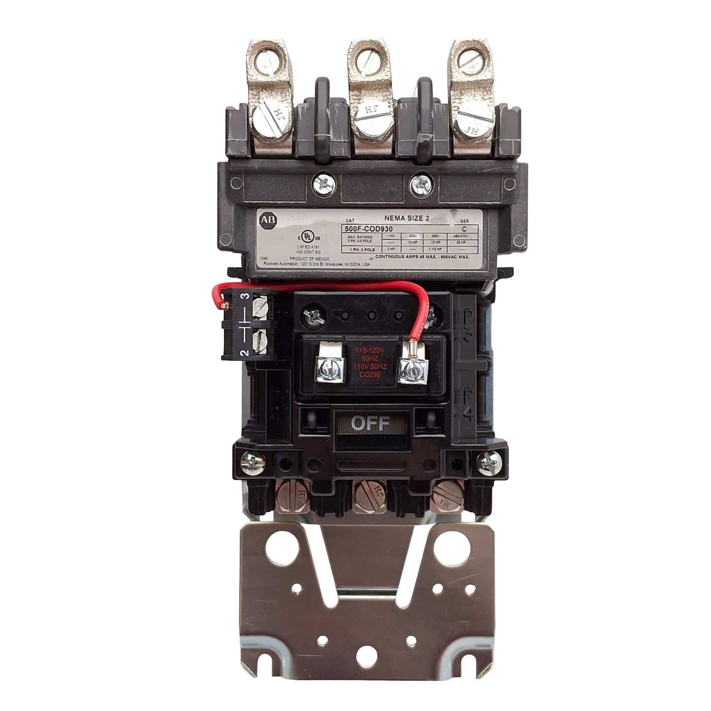 New Allen Bradley 500F-COD930 NEMA Size 2 AC Contactor, 45A, 25HP, 110/120VAC Coil