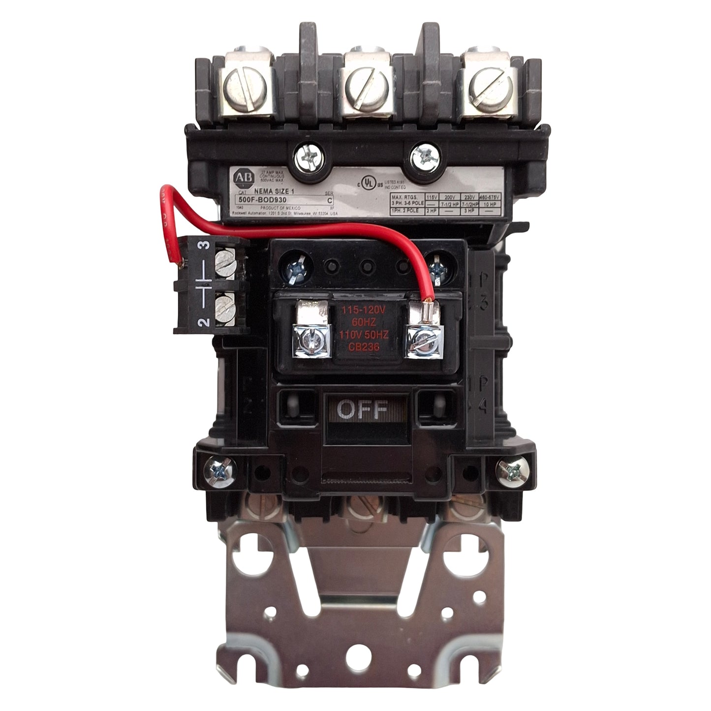 New – Open box Allen Bradley 500F-BOD930 NEMA Size 1 AC Contactor, 27A, 10HP, 110/120VAC Coil