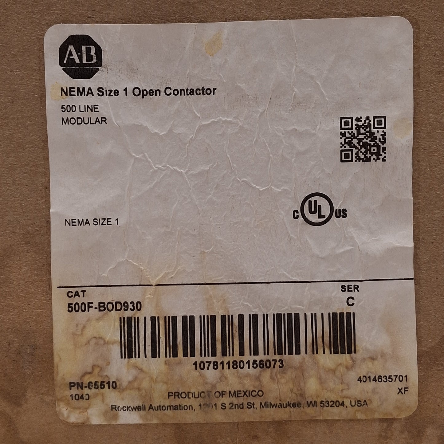 New – Open box Allen Bradley 500F-BOD930 NEMA Size 1 AC Contactor, 27A, 10HP, 110/120VAC Coil