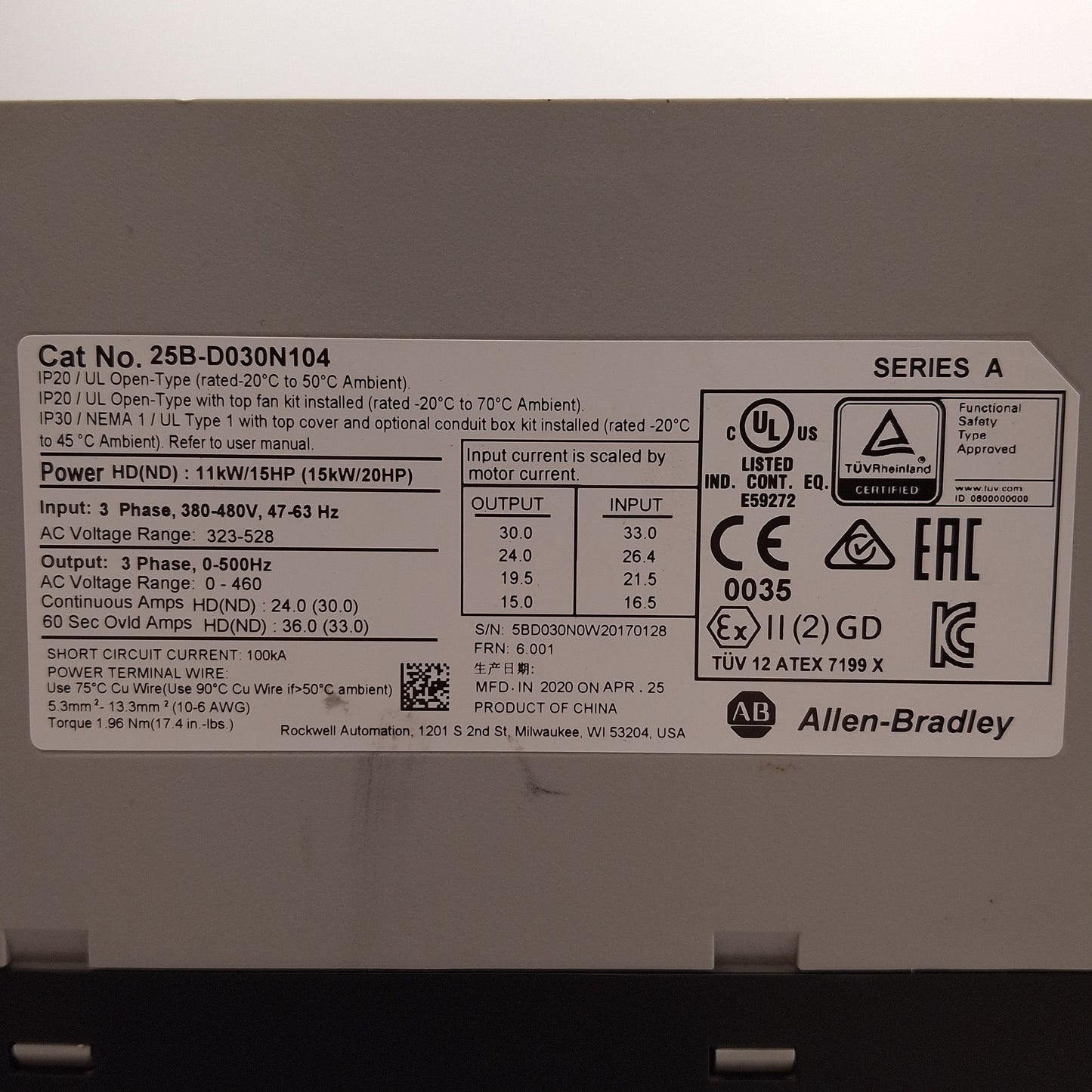 Used Allen Bradley 25B-D030N104 PowerFlex 525 AC Drive 11kW/15HP, 3Ø 0-460VAC 0-500Hz