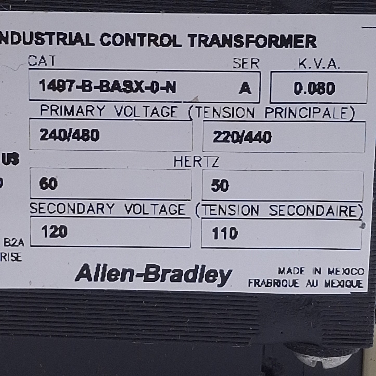 Used Allen Bradley 1497-B-BASX-0-N Industrial Control Transformer 240x480V Primary