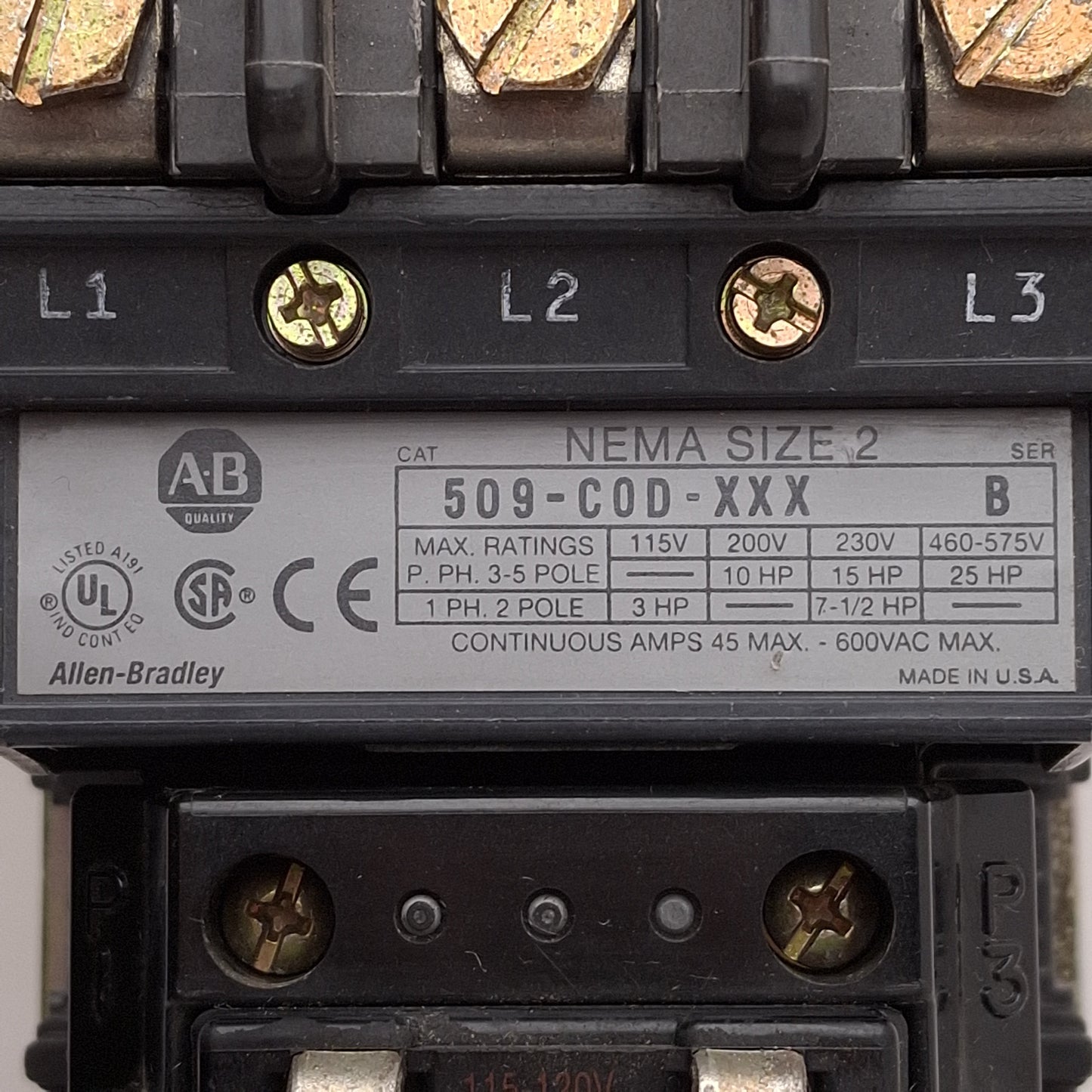 Used Allen Bradley 500F-COD-XXX NEMA Size 2 AC Contactor, 45A, 25HP, 115-120VAC Coil