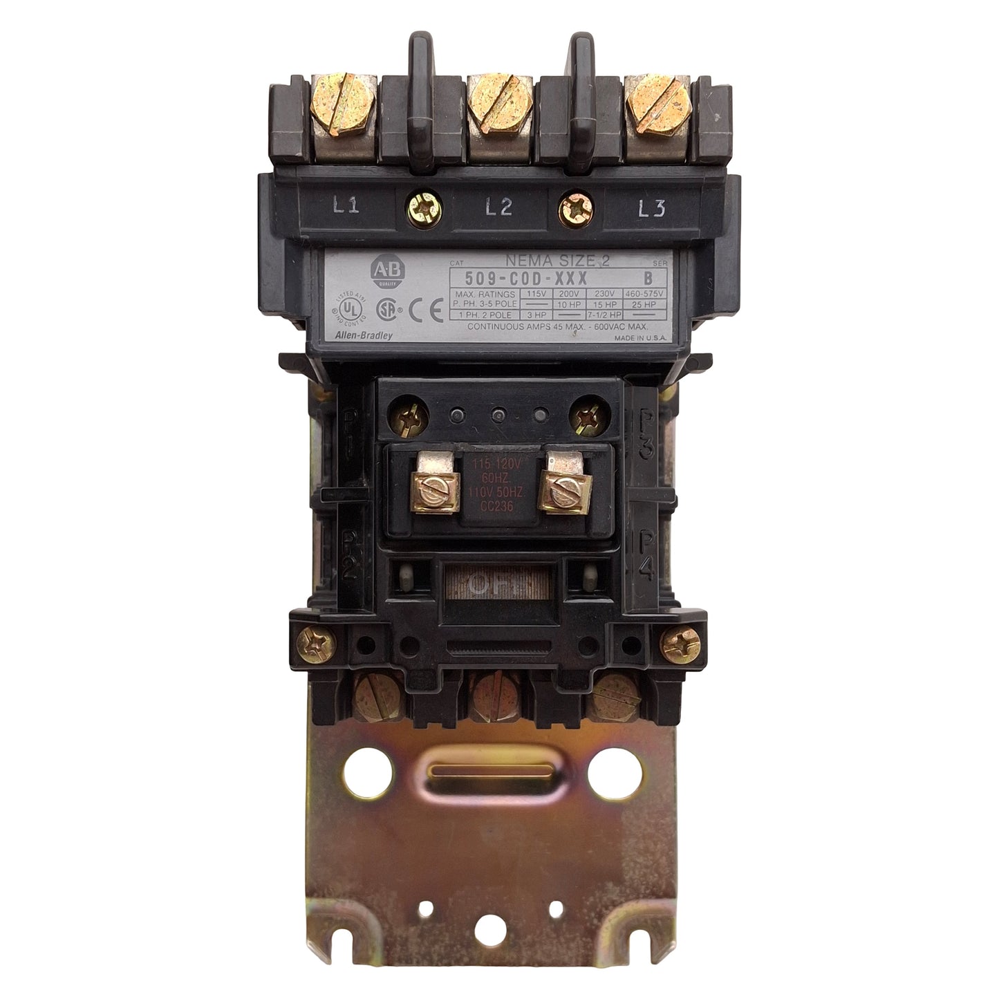 Used Allen Bradley 500F-COD-XXX NEMA Size 2 AC Contactor, 45A, 25HP, 115-120VAC Coil