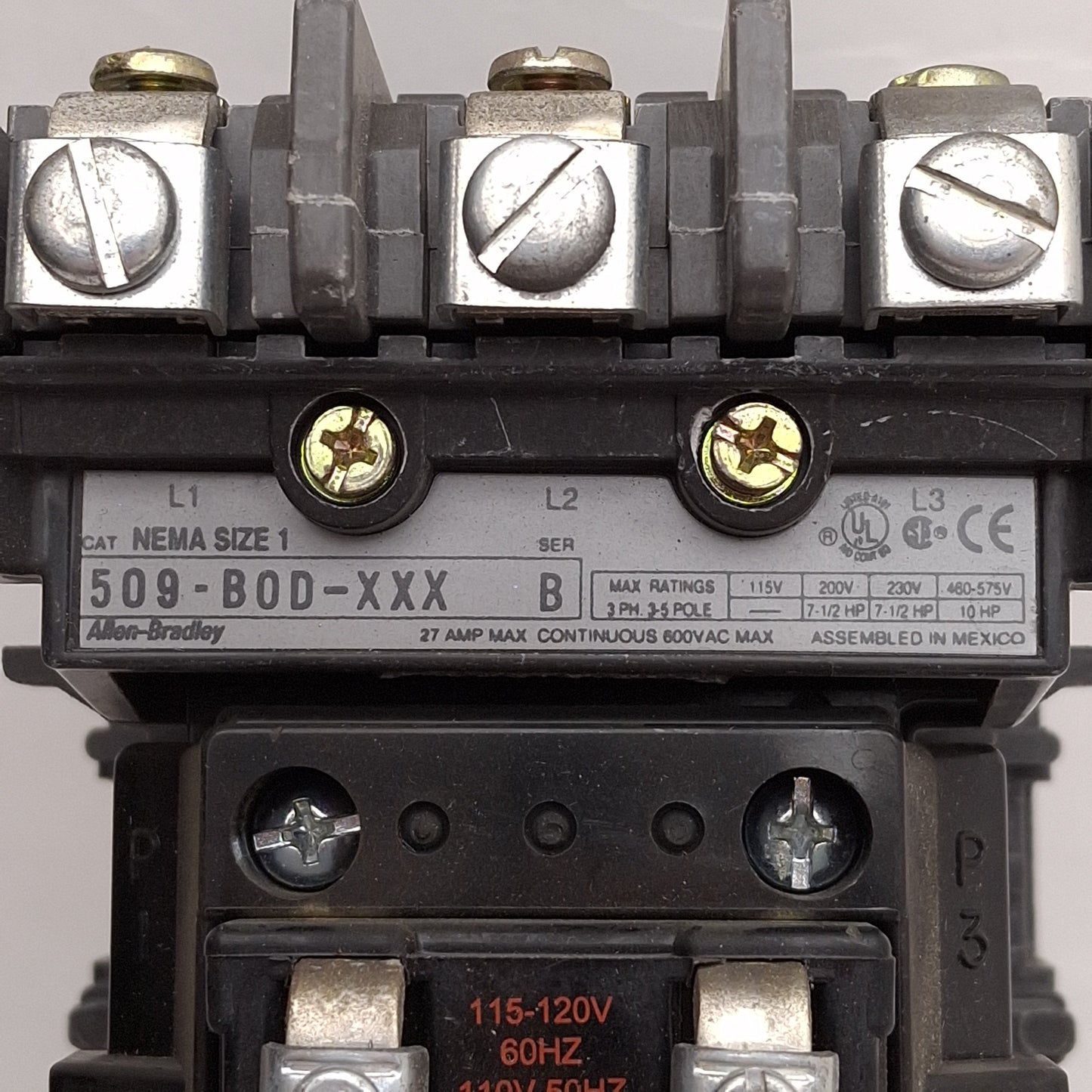 Used Allen Bradley 500F-BOD-XXX NEMA Size 1 AC Contactor, 27A, 10HP, 115-120VAC Coil