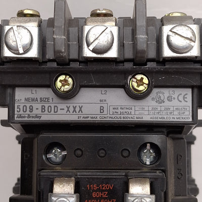 Used Allen Bradley 500F-BOD-XXX NEMA Size 1 AC Contactor, 27A, 10HP, 115-120VAC Coil