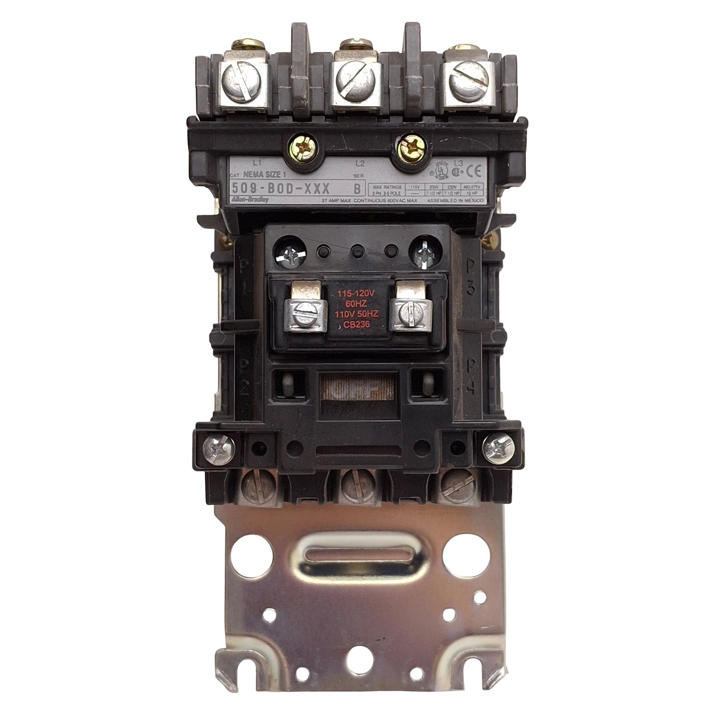 Used Allen Bradley 500F-BOD-XXX NEMA Size 1 AC Contactor, 27A, 10HP, 115-120VAC Coil