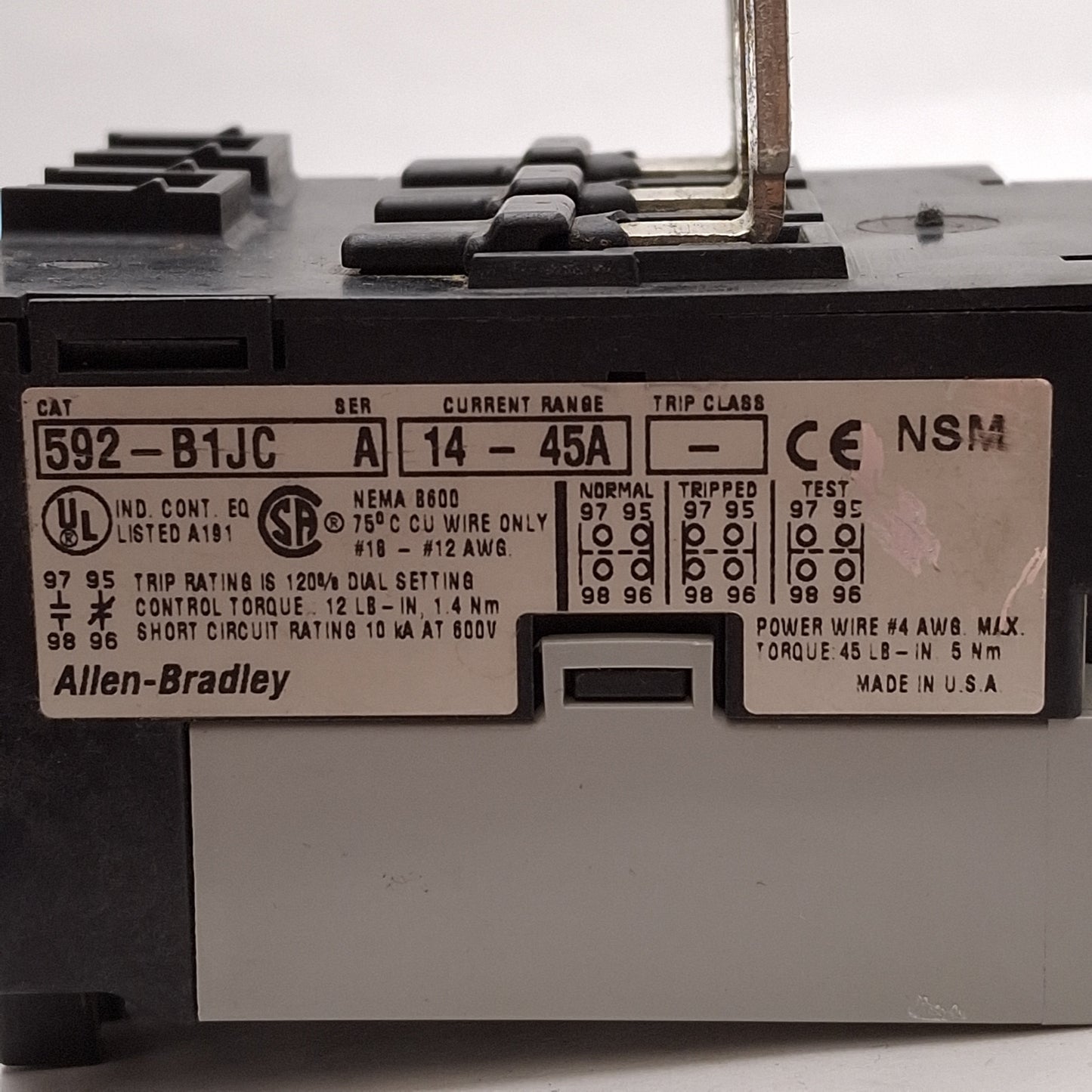 Used Allen Bradley 592-B1JC Solid State Overload Relay 14-45A, 3Ø 600VAC, NEMA Size 2