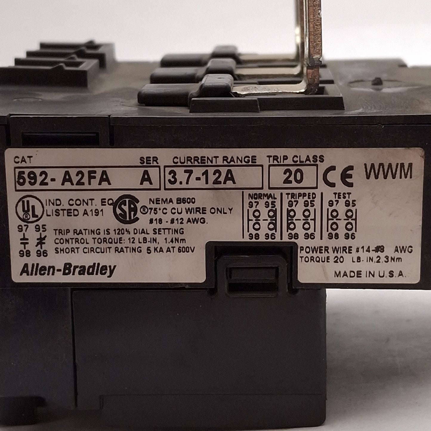 Used Allen Bradley 592-A2FA Solid State Overload Relay, 3.7-12A, 3Ø 600VAC, NEMA 0/1