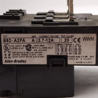 Used Allen Bradley 592-A2FA Solid State Overload Relay, 3.7-12A, 3Ø 600VAC, NEMA 0/1