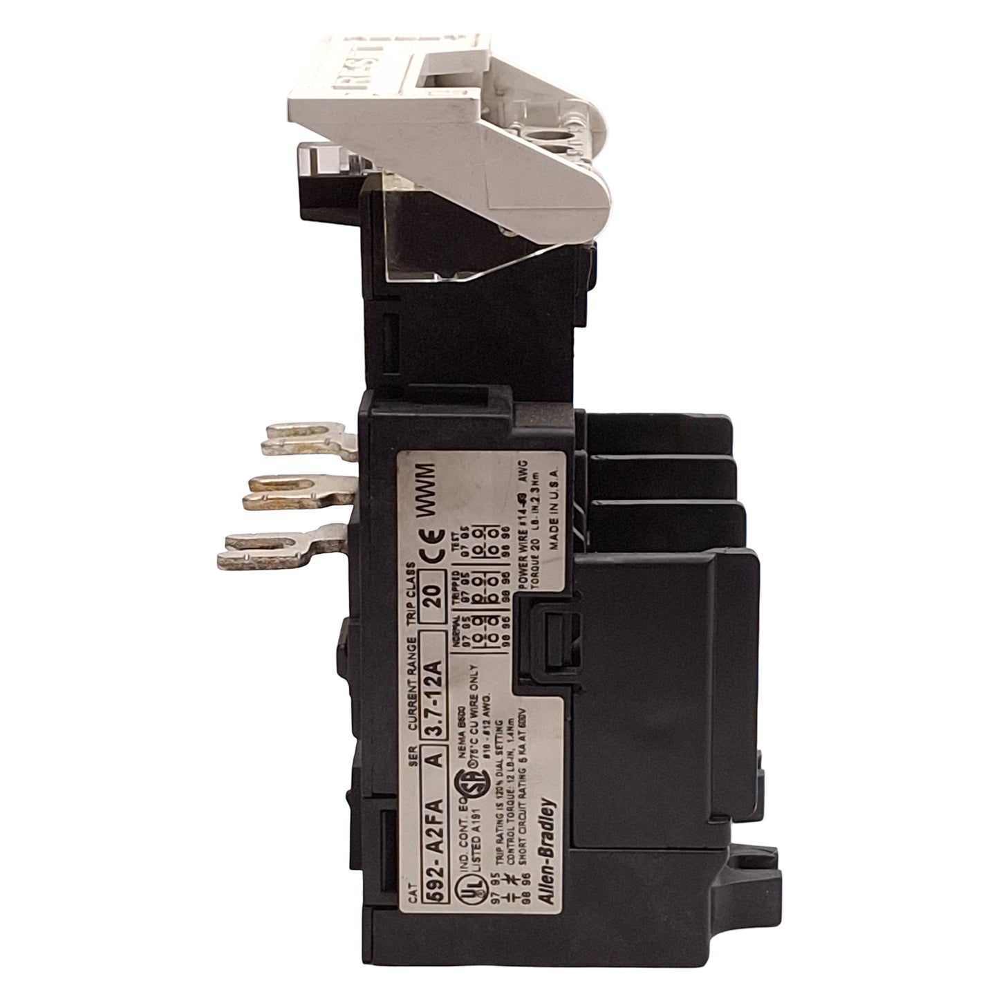 Used Allen Bradley 592-A2FA Solid State Overload Relay, 3.7-12A, 3Ø 600VAC, NEMA 0/1
