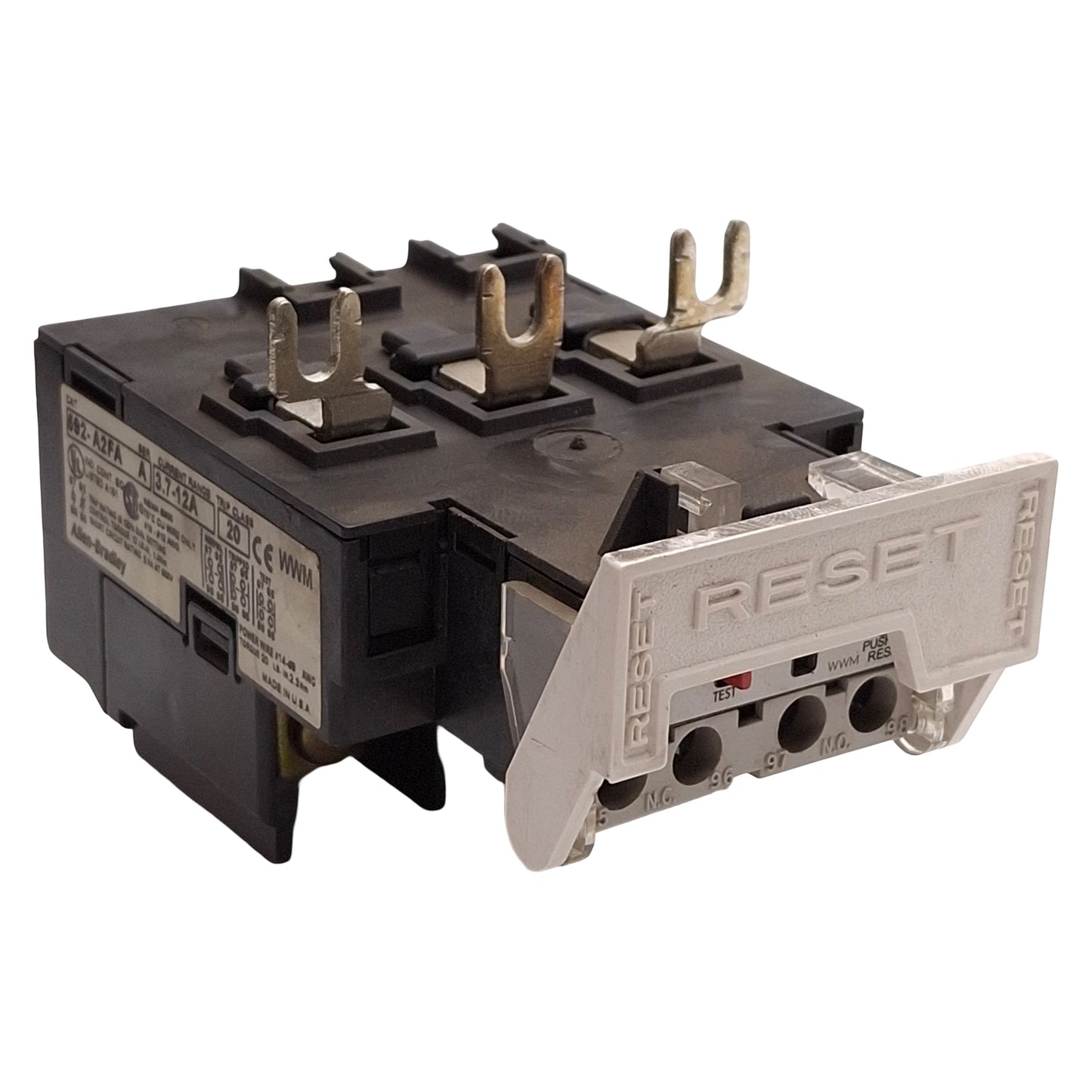 Used Allen Bradley 592-A2FA Solid State Overload Relay, 3.7-12A, 3Ø 600VAC, NEMA 0/1