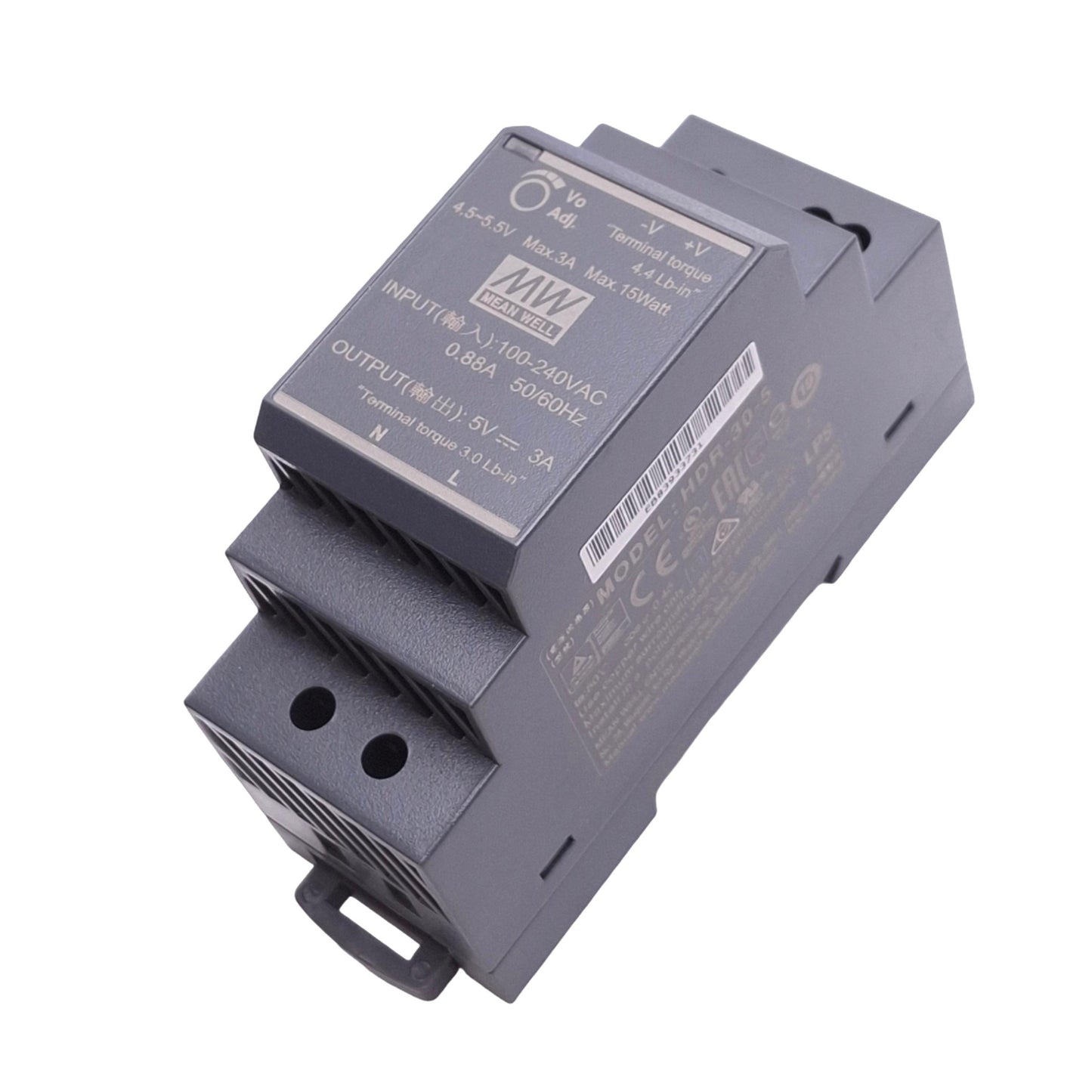 New Meanwell HDR-30-5 Power Supply, 100-240VAC 0.88A In, 5VDC 3A Out, 15W Max