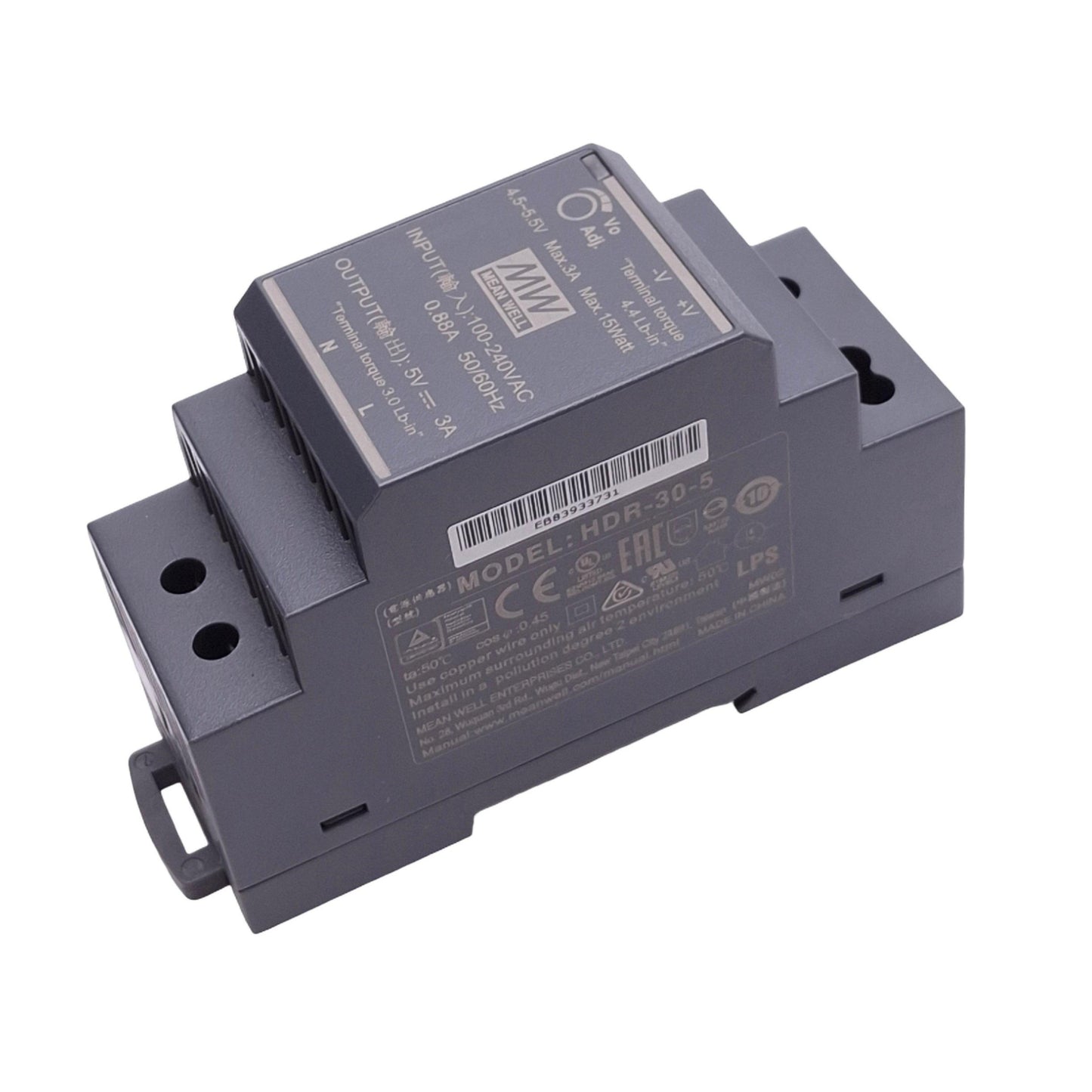 New Meanwell HDR-30-5 Power Supply, 100-240VAC 0.88A In, 5VDC 3A Out, 15W Max