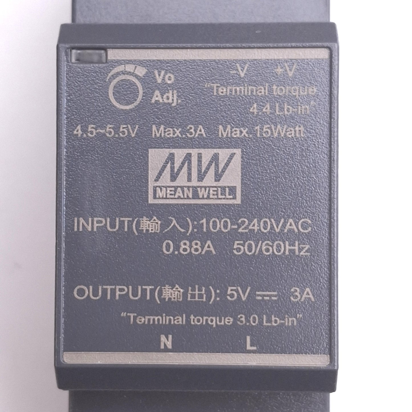 New Meanwell HDR-30-5 Power Supply, 100-240VAC 0.88A In, 5VDC 3A Out, 15W Max