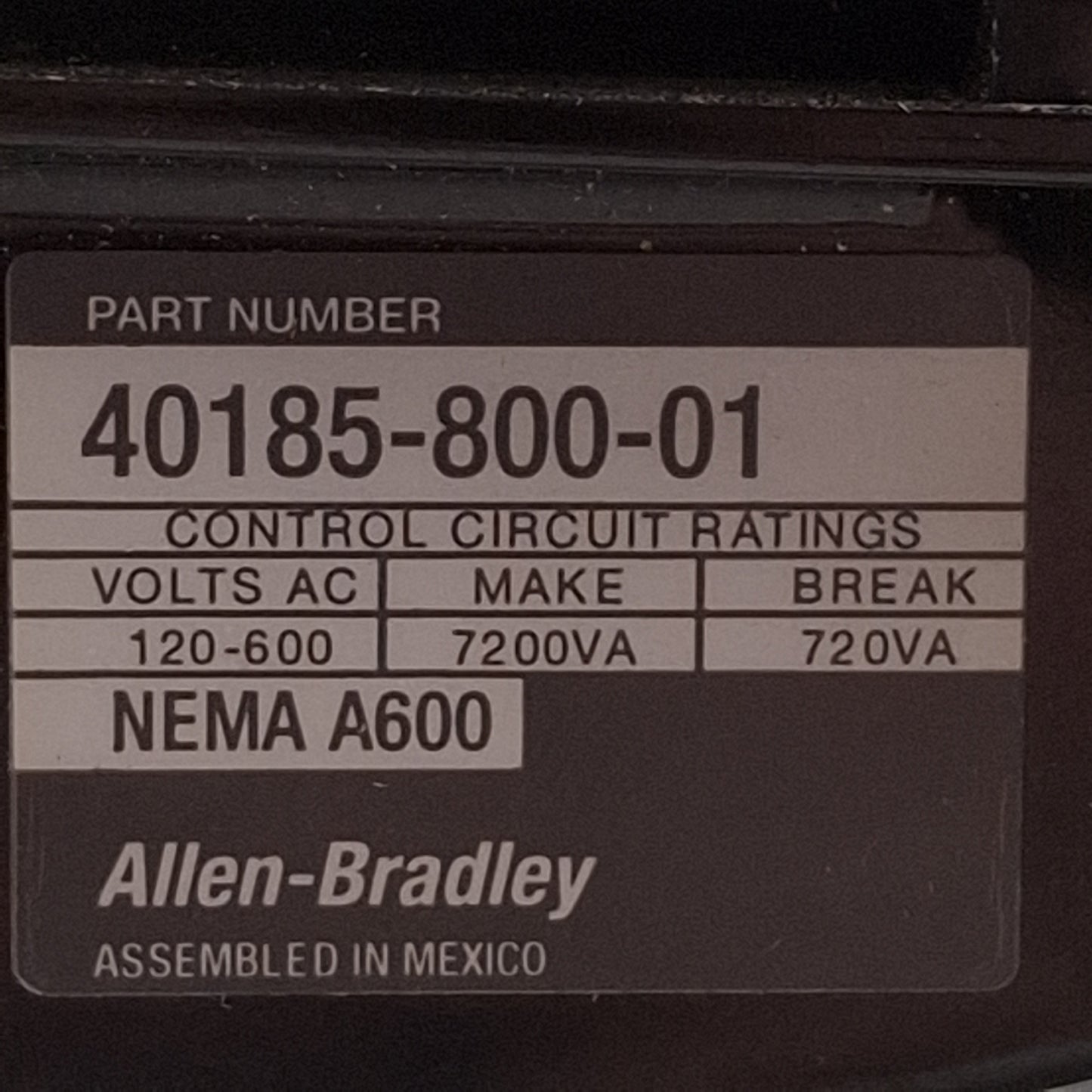 Used Allen Bradley 40185-800-01 Overload Relay, 3-Pole, 120-600VAC, NEMA Size 2